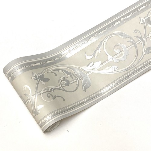 Metallic SILVER Grey Taupe Acanthus Leaf Scroll Wall paper Border 6.75" Wide - Picture 3 of 5
