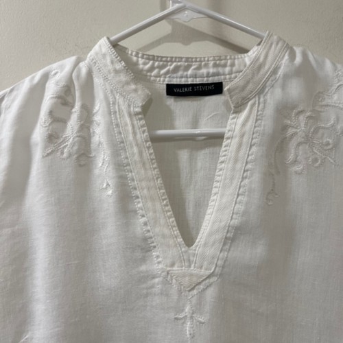 Valerie Stevens White Floral Embroidered V Neck Linen LS Tunic Top Size Medium - Picture 3 of 14
