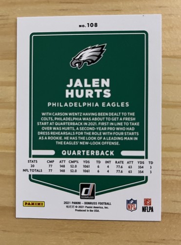 Jalen Hurts #108 2021 Donruss No Helmet Photo Variation Eagles NM - Picture 2 of 2