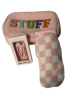 Cosmetic Pouch, Checkered Fuzzy Sleep mask And Hair Clips Bundle- New