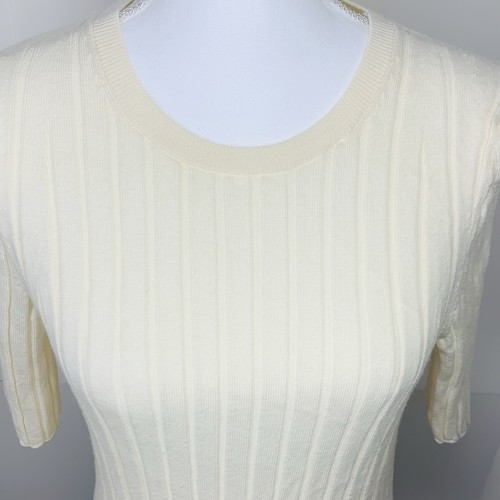 Banana Republic Women L Carino Sweater 100% Merino Wool Half Sleeve Ivory Ribbed - Picture 3 of 13