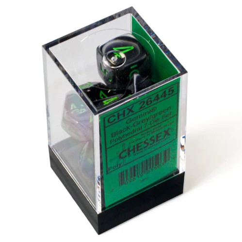 Chessex - Gemini Polyhedral 7 Dice Set - Black-Grey with Green - Picture 2 of 3