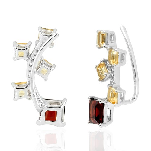 Square Garnet & Citrine Ear Climber Earrings 925 Silver Geometric Sparkle Gift - Picture 3 of 6