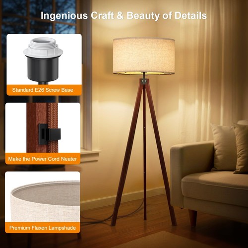 Wood Tripod Floor Lamp, Mid Century Standing Lamp, Modern Design Studying Lig... - Picture 3 of 8