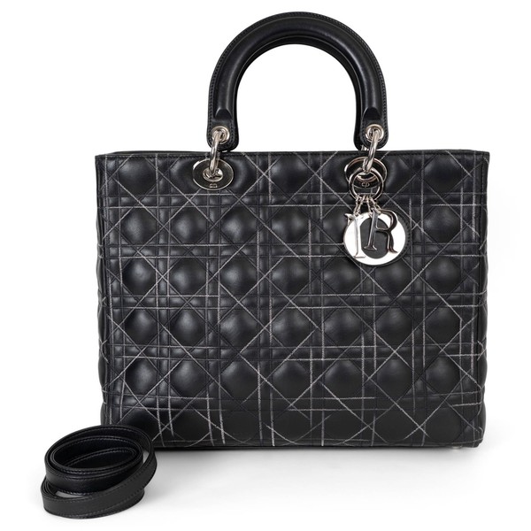 72702 authentische CHRISTIAN DIOR schwarze Ledertasche KONTRASTSTICH LADY DIOR GROß