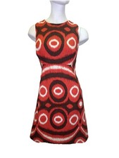 TORY BURCH Linen Shift Dress Coral Brown Metallic Geometric Women's 4 Lined