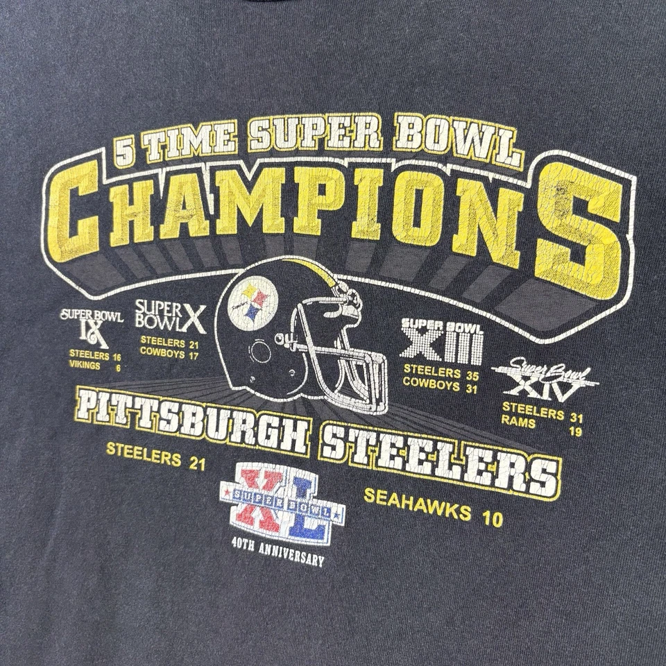 Camisa De Colección Pittsburgh Steelers Para Hombre L Negra 5 Tiempos Campeones del Super Bowl Desteñida Foto 4 de 4