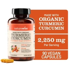 NatureWise Organic Curcumin Turmeric 2250mg + Black Pepper & Ginger -90 Capsules