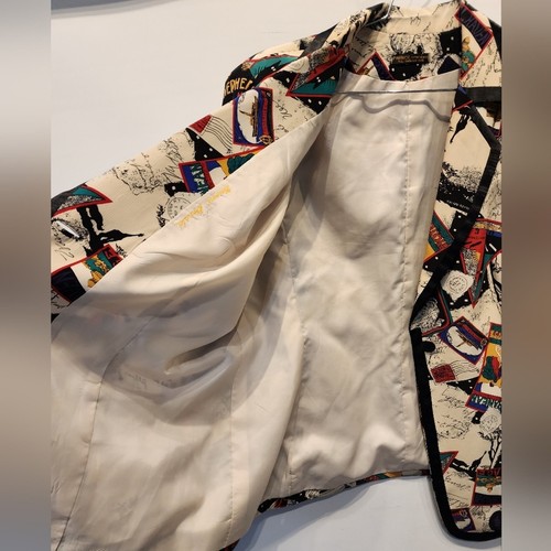 Vintage Custom Designer Blazer Travel Themed Silk Jacket Shoulder Pads Size 2X - Picture 2 of 11