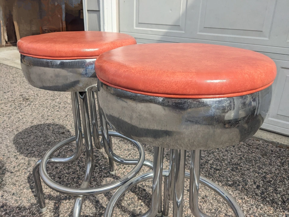 Pair of Vintage 1950s Vitro Bubble Chrome & Orange Vinyl Diner Swivel Stools - Image 3 of 4