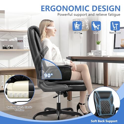 Executive Office Chair, Big and Tall Leather Ergonomic Office Black-high Back - Picture 4 of 6