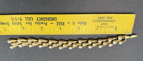 Bracciale Vintage Corona Trifari Tono Oro Finta Perla Texturizzata Link Wrap 7” C1144 - Foto 9 di 9