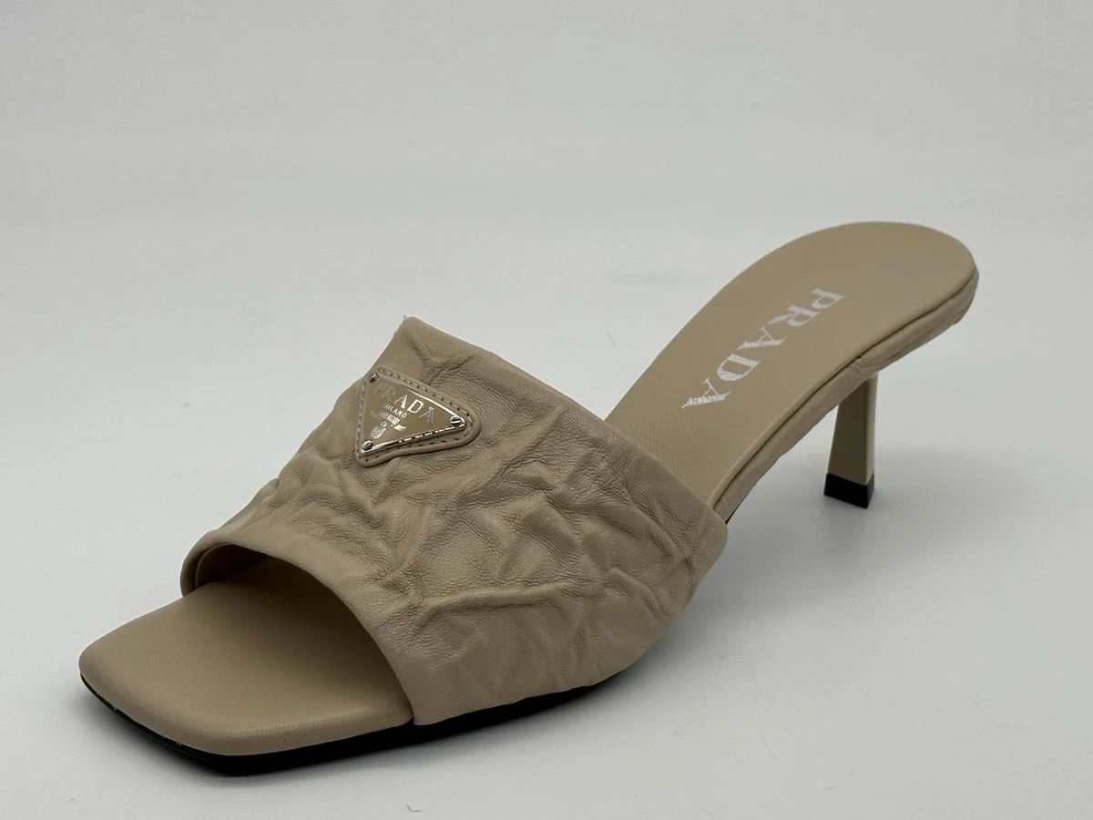 PRADA Signature Logo Antique Crinkled Leather Mules Sandals Heels Shoes 1020