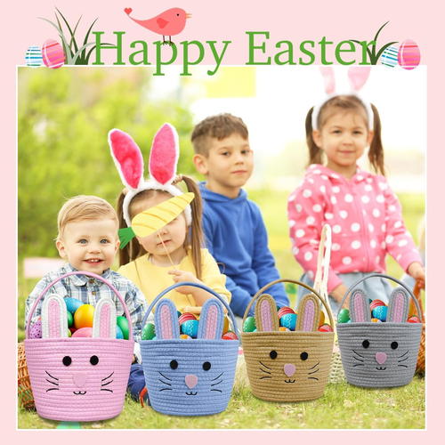 Easter Bunny Basket for Kids with Name Tag, Pink Small Woven Easter Basket for G - Picture 3 of 12