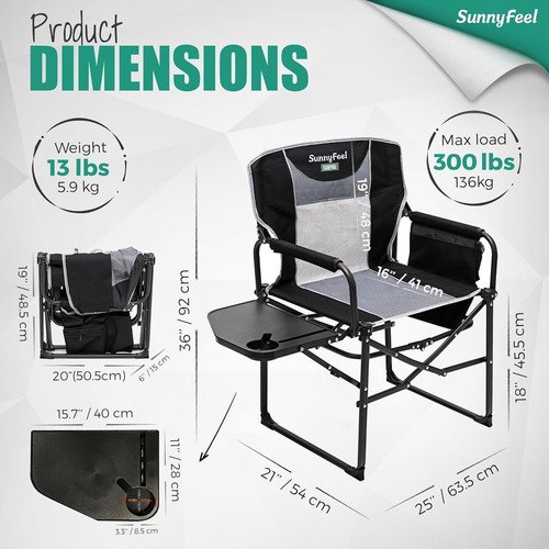 X-Large Faltbarer Camping Regiestuhl mit Stauraum & Beistelltisch - Schwarz Grau - Bild 5 von 9