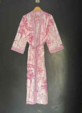 Women Cotton Kimono Shower Robe Hand Printed Beach  Sleep Wear Long Night Dress