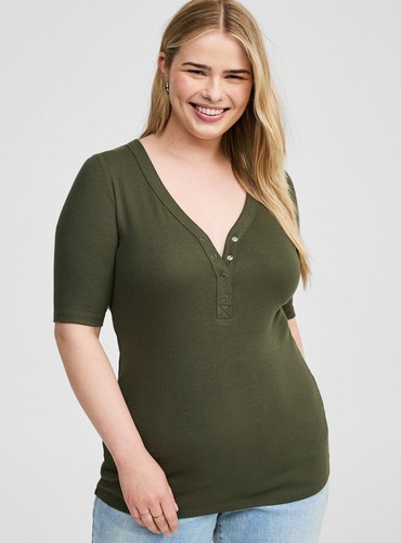 Torrid Ribbed Curved Henley Elbow Sleeve Top Olive Plus 3X NWT