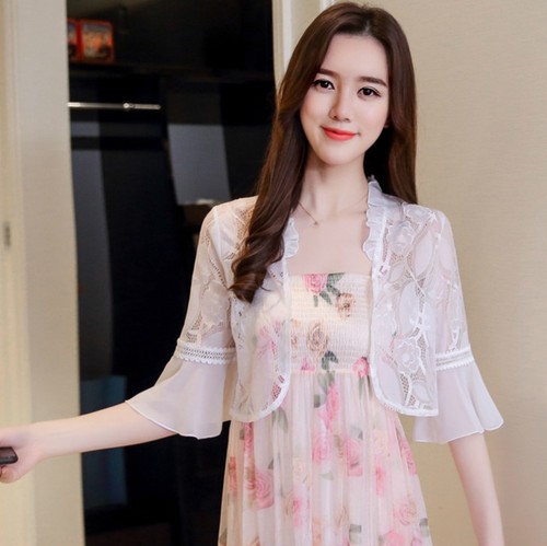 Women Chiffon Lace Cardigan Hollow Out Capelet Flared Sleeve Summer Jacket Tops - Picture 8 of 12