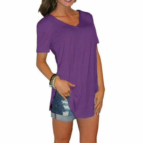 Womens Plain Long Tee Top Summer Causal Tunic Short Sleeve Blouse T-Shirt Shirt - Bild 74 von 76