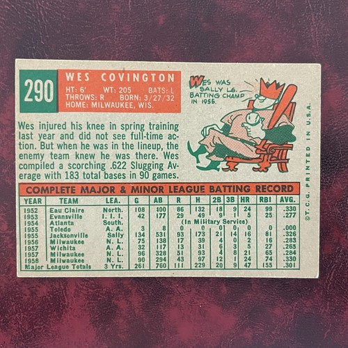 Juego Topps 1959 Wes Covington #290 Milwaukee Braves - Como nuevo *Alta calidad* - Imagen 2 de 2