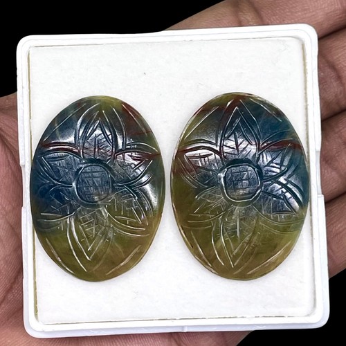 120.20 Ct/2 Pcs Natural Unheated Sapphire Pair 39x29mm Carved Bi Color Gemstones - Picture 4 of 21