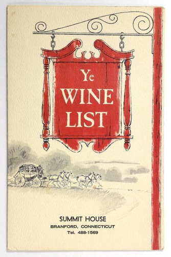 1960's Vintage WINE LIST Menu THE SUMMIT HOUSE Restaurant Branford Hills CT - Picture 1 of 4