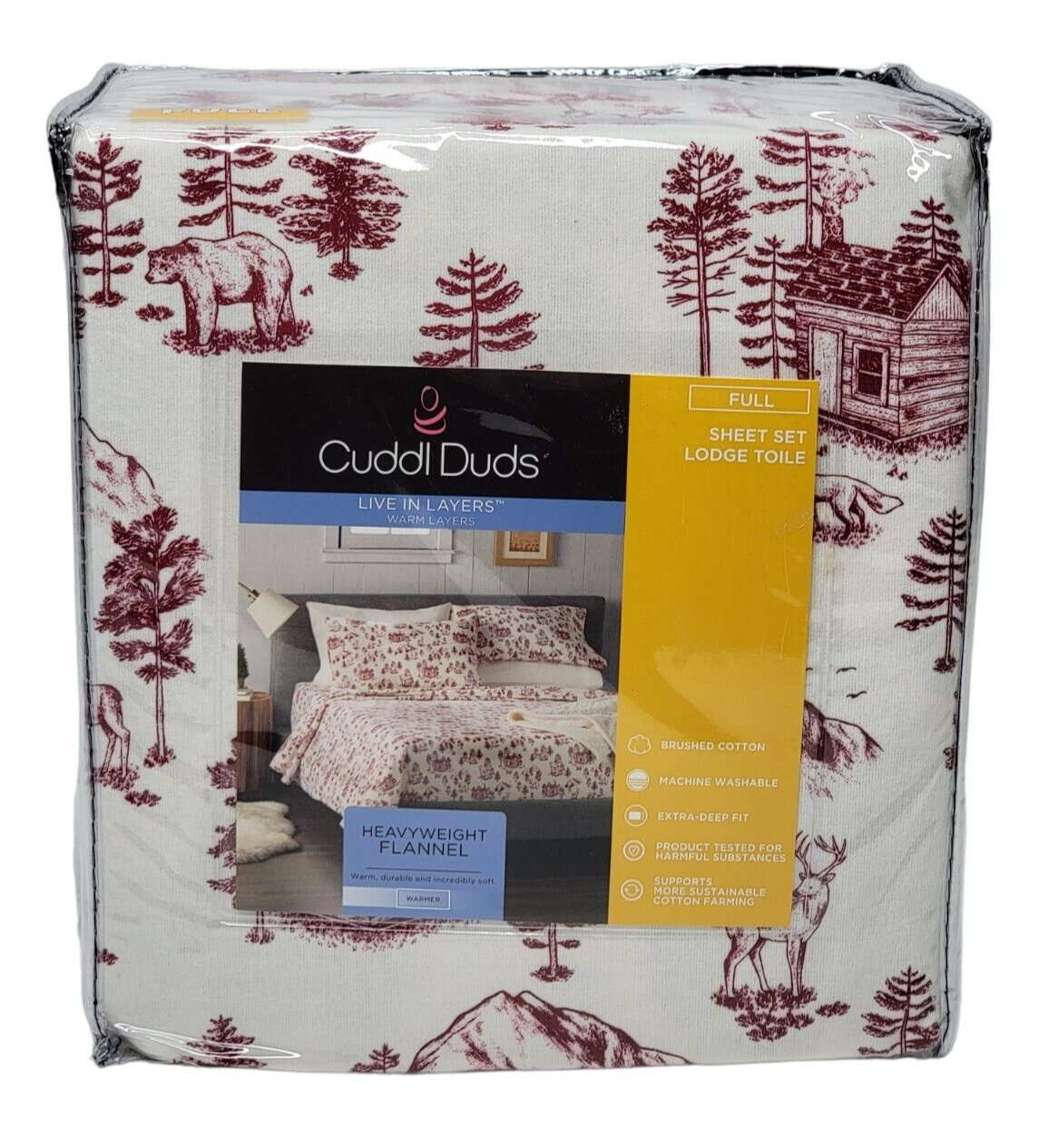 FULL Cuddl Duds Cotton Heavyweight Flannel Sheet Set LODGE TOILE Cabin Deep Fit