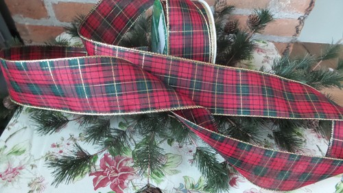 Ribbon wire edge Red plaid Gold Glitter Edge 2.5" Wide 5 Yds - Picture 2 of 4