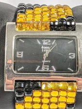 Bond Street Rectangle Silver Tone Black and Gold Tone Crystal Band Watch 7 Inch