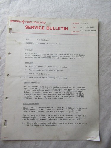 1979 New Holland 851 Round Baler Cylinder Seals Service Bulletin Brochure - Picture 1 of 4