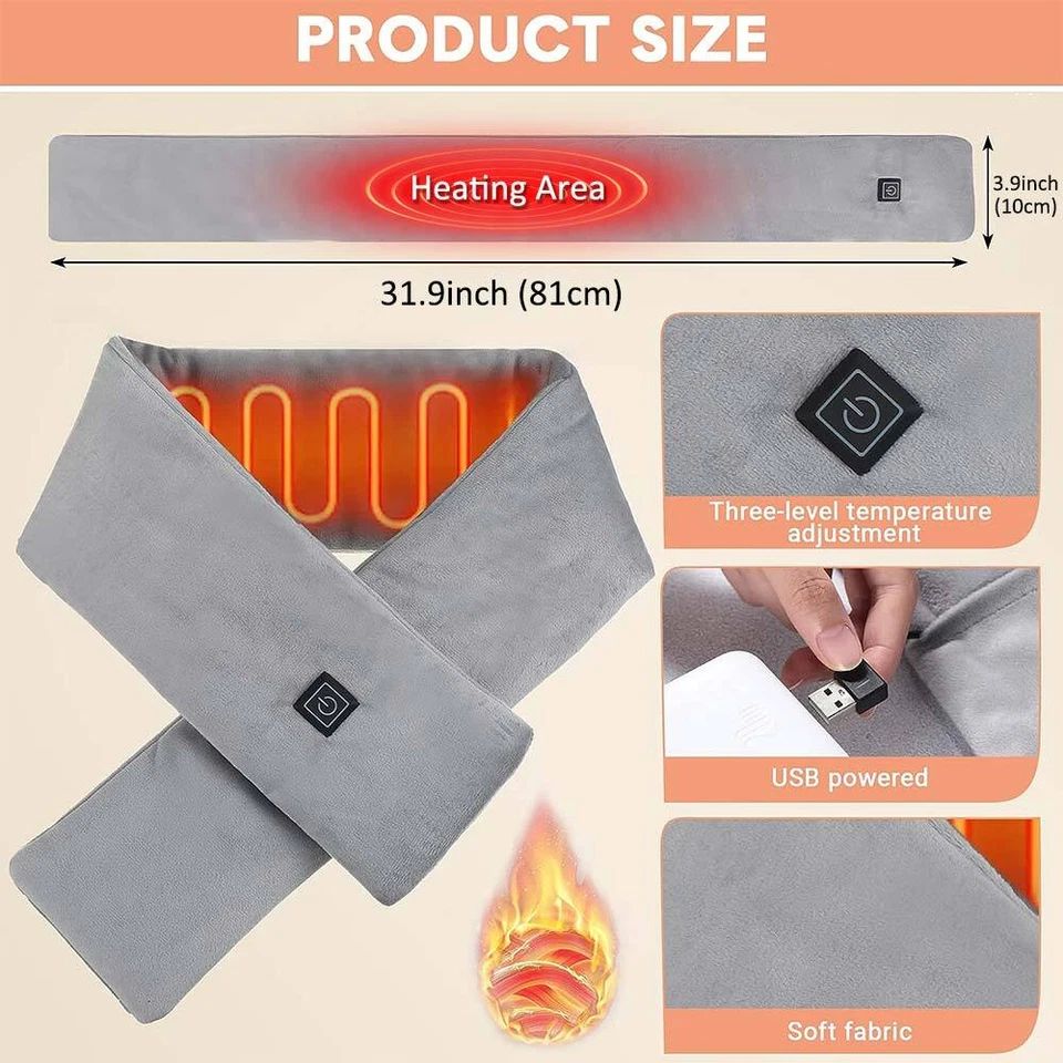 Bufanda térmica eléctrica USB recargable cuello almohadilla térmica chal suave lavable Foto 3 de 4