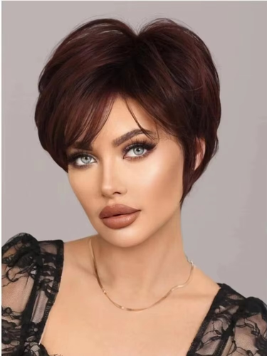 10" Short Deep Red Synthetic Hair Wigs with Bangs for Women Pixie Cut Daily Wig