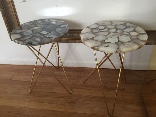 Agate Blue White Round Side Table Pair Two Lot Gold Legs Stone Marble 16x22,5” - Picture 9 of 10