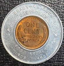 ENCASED COIN AU/UNC  1953 D LINCOLN CENT BRADY-GARRICK CHEVROLET -MAR442