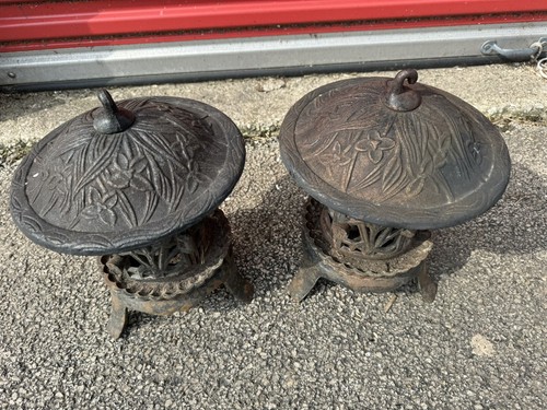 2 Antique/Vintage Japanese Cast Iron Pagoda Garden Lantern Candle Holder Iris - Picture 2 of 13