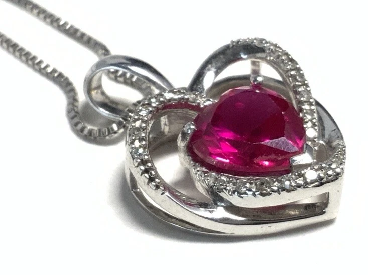 N/C Sterling Silver 925 Diamond & Ruby Heart Pendant 18.25-inch Necklace JA55 - Image 4 of 4