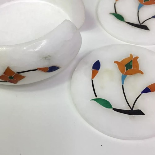 6 White Marble Floral Inlay Coaster Set Handmade Collectible Gift Items Her/ him - Picture 1 of 12