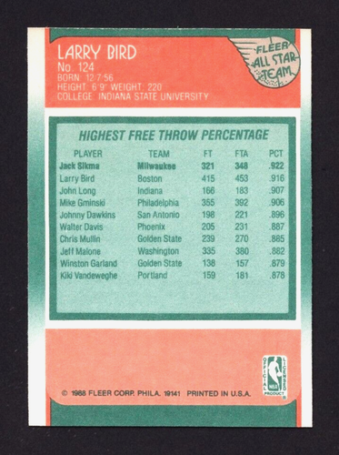 1988-89 Fleer Larry Bird All-Star #124 NrMt/Mt - Bild 2 von 2