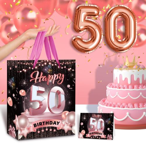 Rose Gold 50th Birthday Gift Bag with Card and Tissue Paper Large 50th Birthd... - Picture 2 of 7