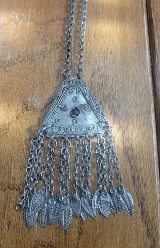 Vintage Large Kuchi Tribal Boho Alpaca Silver Pendant red stone Leaves dangle - Picture 2 of 7
