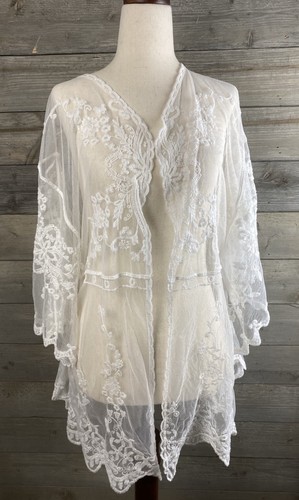 Nylon Mesh Open Cardigan Shrug With Embroidered Flowers Bridal Fairycore O/S - Picture 2 of 8