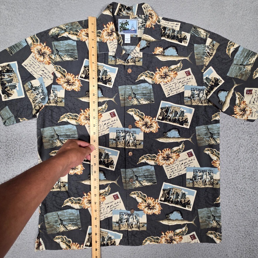 AFTCO Shirt Mens Large Miami Fish Postcards Beach Surf Casual Made in USA Logo