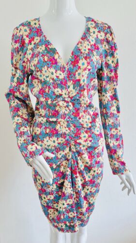 Stine Goya Mini Dress Floral Pink Bodycon Long Sleeves Stretch V-Neck Size L - Picture 2 of 22