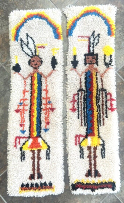Set of 2 Vintage 1970's Latch Hook Native American Tribal Tapestry Wall Hangings