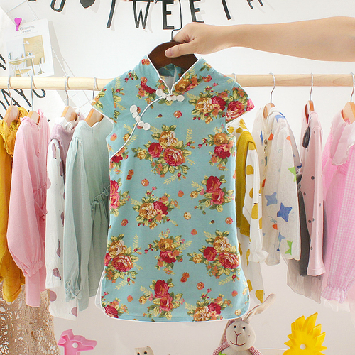 Sommer Kinder Kleidung Mädchen Blumen Stehkragen Kleid Cheongsam Rock - Bild 6 von 15