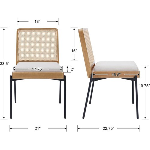 Mid-Century Dining Chairs Set Accent Linen Fabric Side Chairs w/ Rattan Backrest - Picture 11 of 22