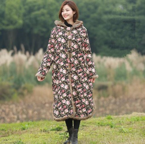 Long Outwear Floral Hot Coat pelsforing Maxi Jackets Parka Women etnisk Winter qtaTOO