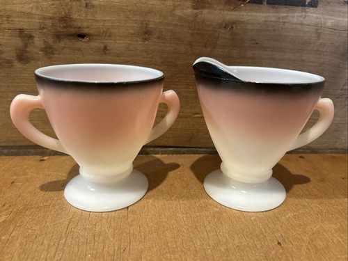 Vintage 6 Pc Lot Hazel Atlas Pink Black Ovide Sugar Creamer Tea Cups - Picture 2 of 9