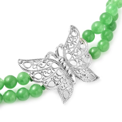 Green Jade 5-7mm Beaded Double Row Butterfly Necklace 20" Rhodium/Sterling Silve - Picture 3 of 7