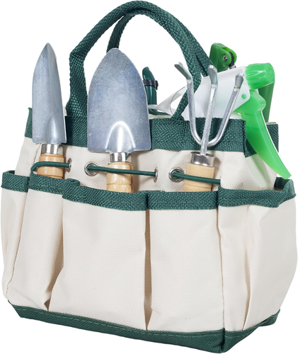 7 Piece Gardening Tool Set – Mini Planting and Repotting Kit and Carrying Tote B